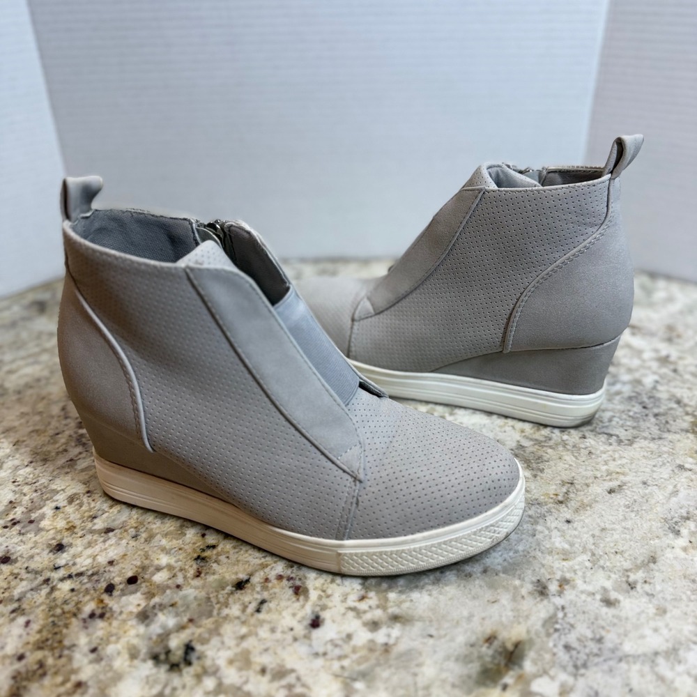 Grey Perforated Faux Suede Hidden Wedge High Top Sneakers Zip Up Booties 7.5